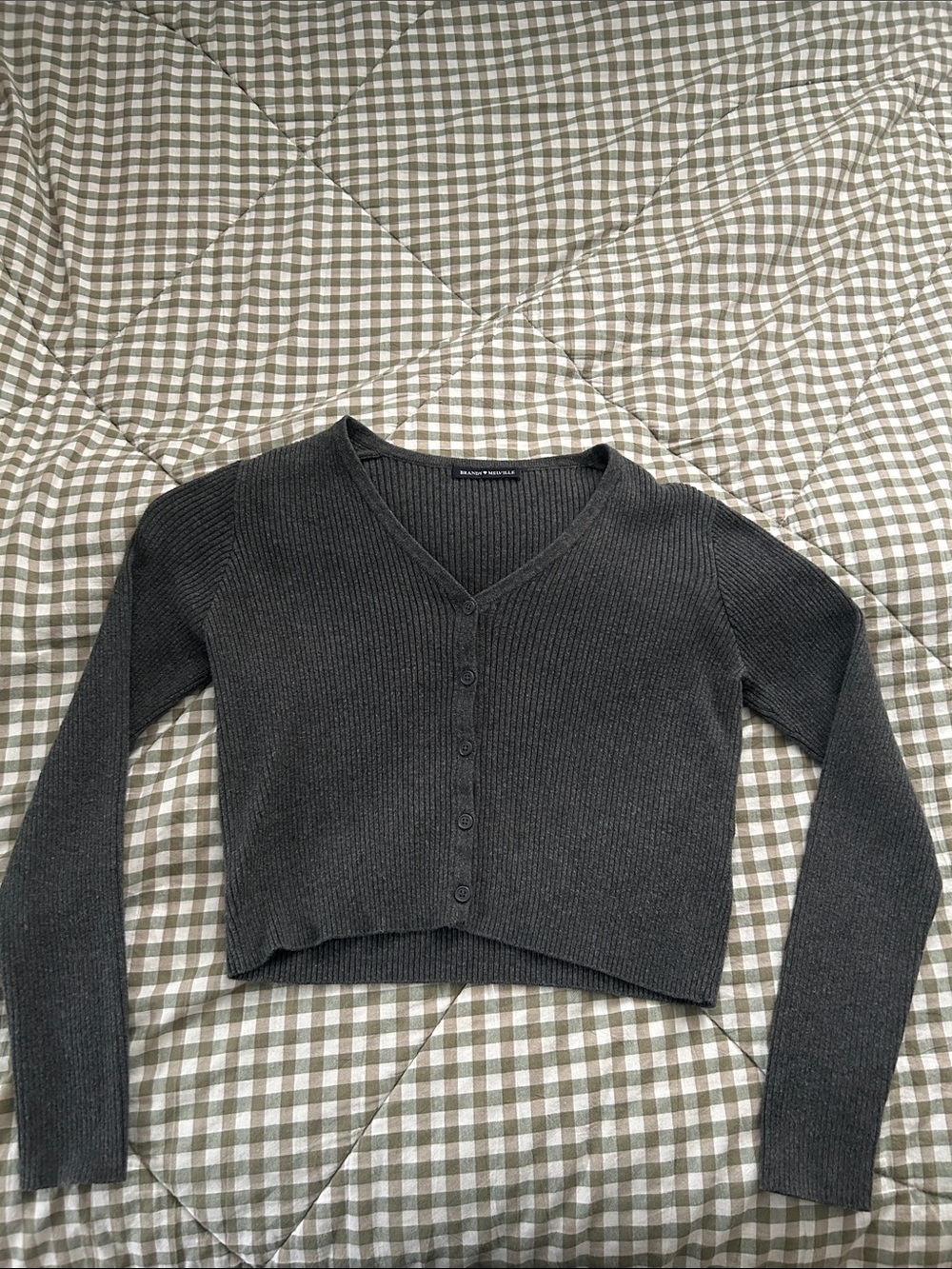 Brandy Melville Dark Gray Ribbed V-Neck Button Sweater